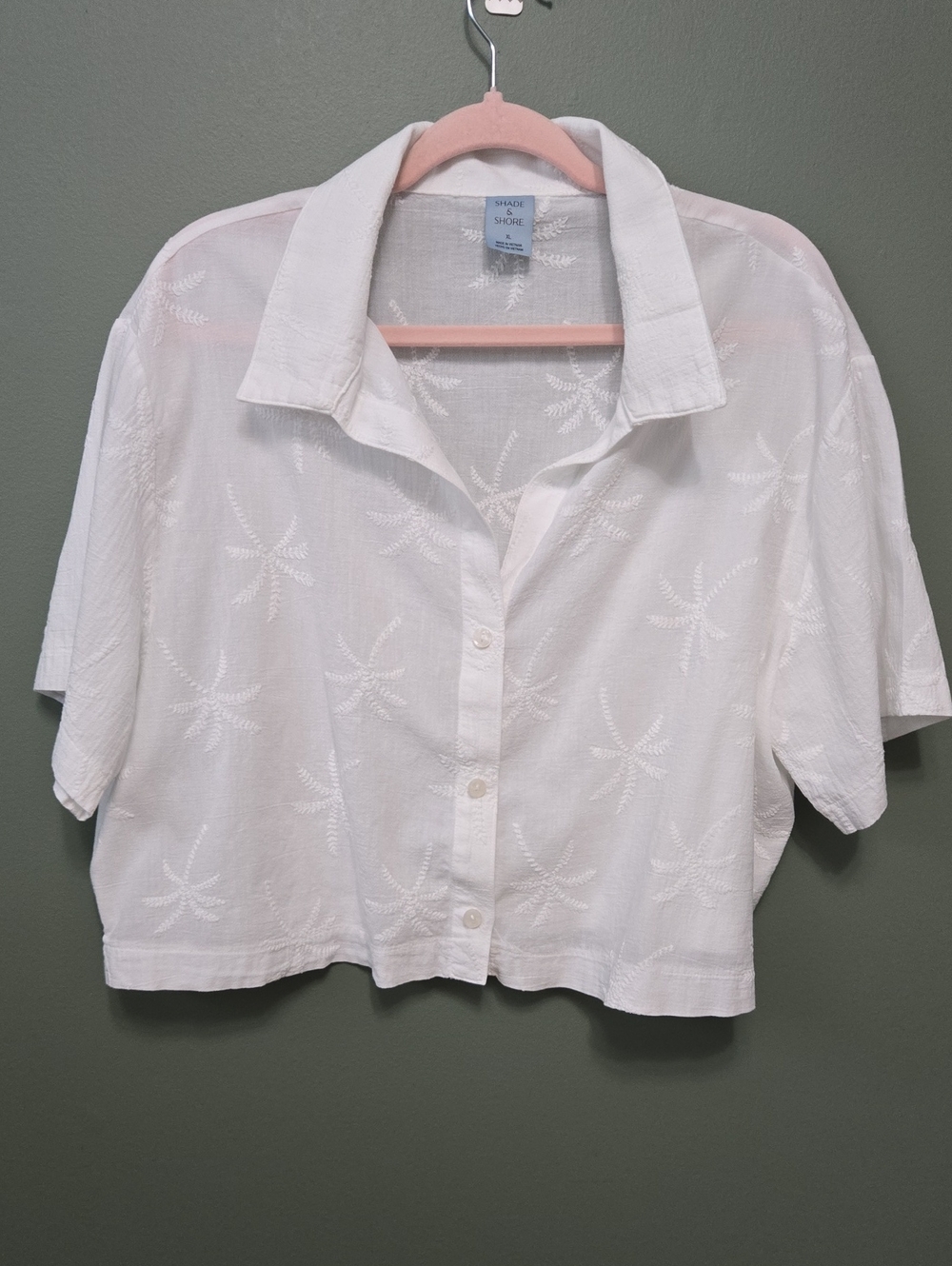 Shade & Shore White Embroidered Button-Down Crop Shirt Sz XL